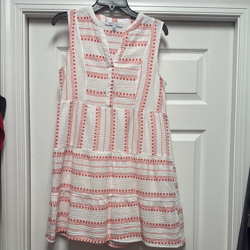 White and Orange Sleeveless V-Neck Sundress